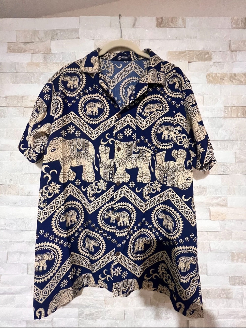 the room Navy and Cream Elephant Print Short Sleeve Button-Down Shirt